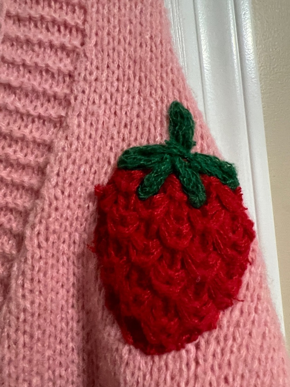Luna Ivy Pink Strawberry Appliqué V-Neck Cardigan Sweater - Picture 10 of 12
